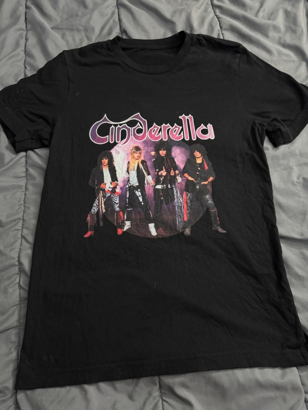 Cinderella Black Tee with Purple Logo and Multi-Color Band Photo